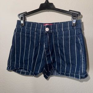 Blue and white striped jean shorts